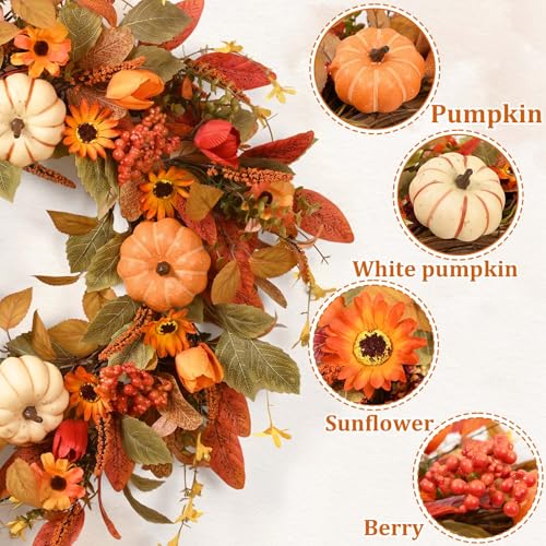 Fall Wreath for Front Door 26 Inch - Autumn Decorations for Home - Orange