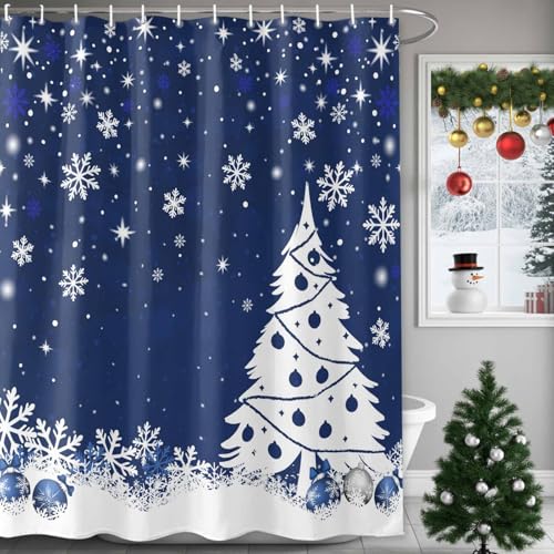 Ueplerts Navy Blue Christmas Shower Curtain Set with Hooks - 72x72 Inch Waterproof Holiday Bathroom Decor