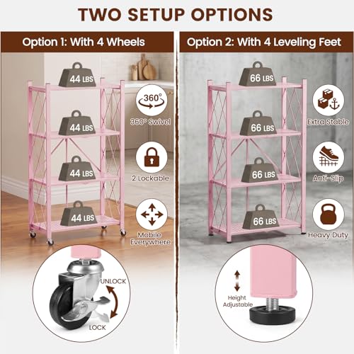 Pink 4-Tier Folding Metal Storage Shelf with Wheels - No Assembly