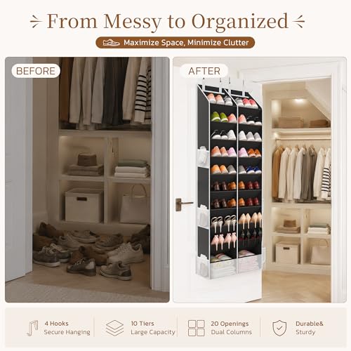 Criusia Over-the-Door Shoe Organizer Black, 10-Tier Hanging Shoe Storage for 20-30 Pairs