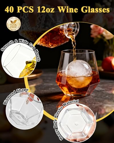 Clear Plastic Diamond Stemless Wine & Whiskey Glasses 40 pcs - Unbreakable Drinkware