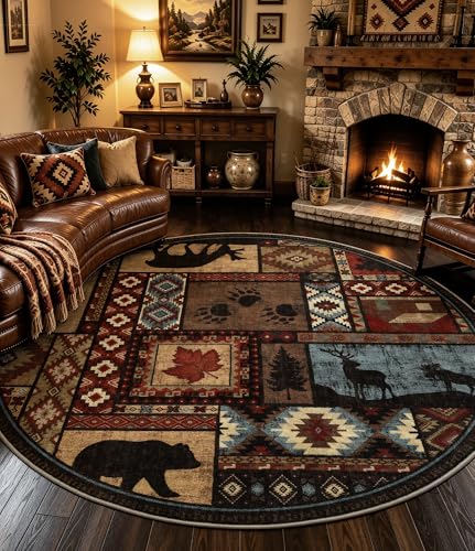6ft Round Washable Rustic Cabin Rug - Brown Southwestern Indoor Carpet