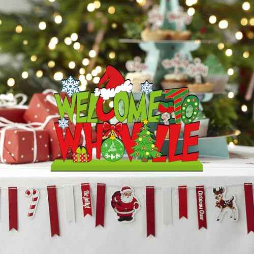 Christmas Table Decorations, Welcome to Christmas Party Table Centerpieces 11.8x7.9inch Red and Green Snowflake Style Wood Tabletopper for Winter Holiday