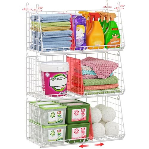 Sonyabecca White 23.62” Extra-Long Under-Shelf Laundry Basket Organizer, 3-Pack