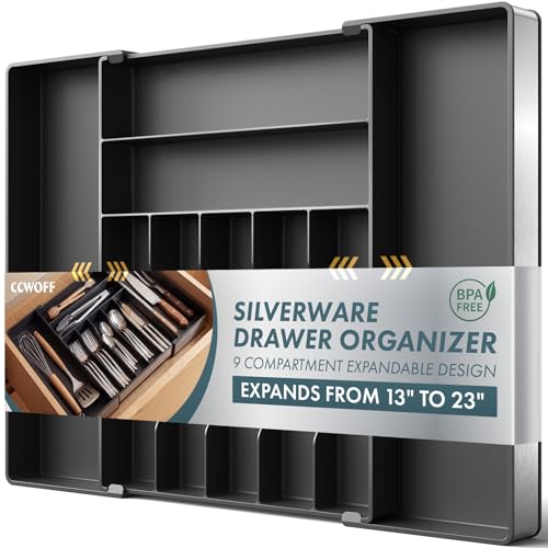 Black Expandable Silverware Drawer Organizer with 9 Slots - CCWOFF