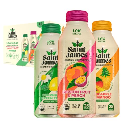 Organic Green Tea Variety Pack - Low Sugar, 16 Oz Bottles, 12 Pack - Includes Passionfruit, Peach & Pineapple Mango