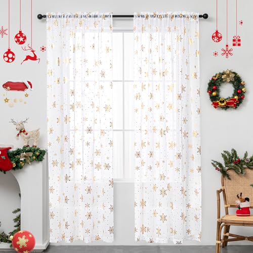 Karseteli 52W x 84L Snowflake Gold Foil Christmas Sheer Curtains, 2 Panels White