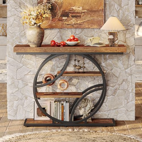 Rustic Brown Entryway Table with Curved Metal Frame - 41.3 Inch