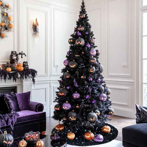 Black Christmas Tree Skirt Velvet 36 Inches Round Glittery Sequin Tree Skirts Xmas Tree Base Cover Mat Outdoor Tree Skirt Christmas Black Halloween Tree Decorations for Family Party Decor