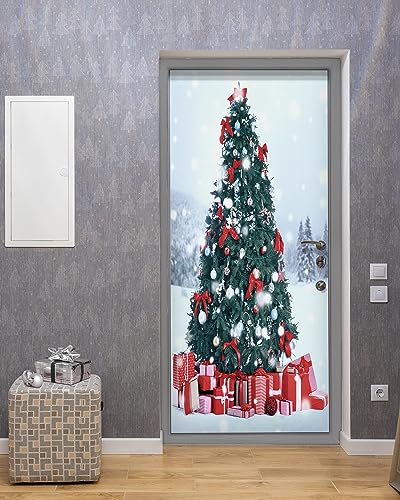 FLFK Peel and Stick Christmas Door Mural 32x80 Mt293 - Festive Snowy Landscape with Tree & Presents