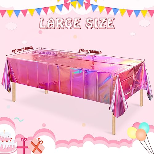 4 Pack Iridescent Pink Plastic Tablecloths, FunnyPars Shiny Disposable Laser Rectangle Table Covers, Holographic Foil Tablecloth Iridescent Party Decorations for Birthday Wedding Christmas, 54x108Inch