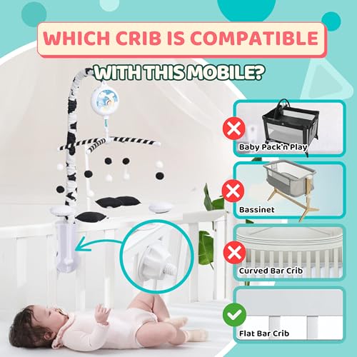 Black and White Montessori Baby Mobile for Crib - Visual Stimulation & Soothing Lullabies