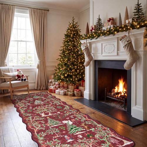 Garvee Xmas Runner Rug 2x8 Non Slip Christmas Scalloped Entryway Rugs