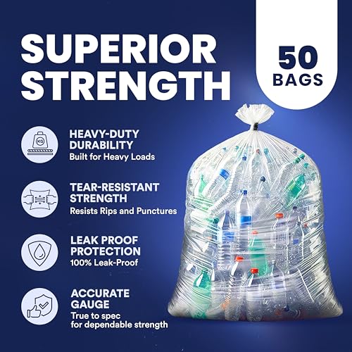Heavy Duty 55-60 Gallon Trash Bags - Clear Garbage Can Liners Pack of 50