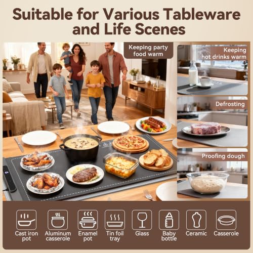 Ieuan Extra Large Food Warming Mat 36x15 Inches Gray with Timer & Temperature Control