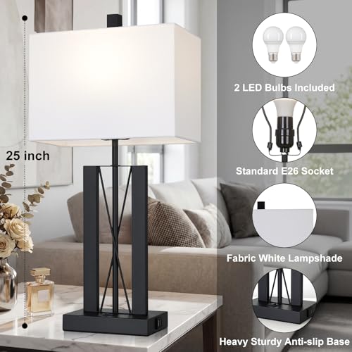 White 25-Inch Modern Table Lamps Set of 2 with USB Charging for Bedroom & Living Room