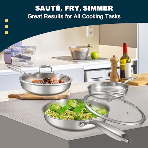 8+10+12 Inch Tri-Ply Stainless Steel Frying Pan Set with Lids - PFOA & PTFE Free