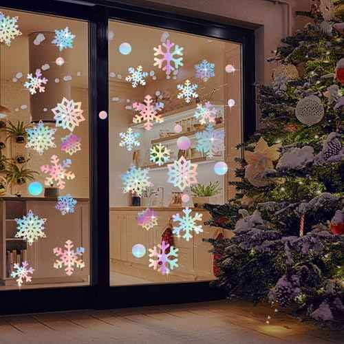 Fuutreo 60 Pcs Christmas Snowflake Snowball Cutouts Iridescent Paper Snowflakes Decorations Holographic Winter Decorations Double-Sided Snow Flakes Garland with 100 Glue Points