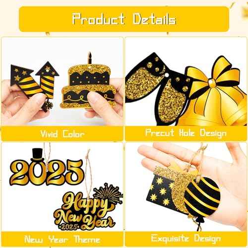 Haooryx 2026 New Year Ornaments - 46PCS 2026 Happy New Year Christmas Winter Ornament Decorations Black Gold Wooden Hanging Slices Pendants Ropes Countdown Carnival Party Xmas Tree Home Decor Supplie