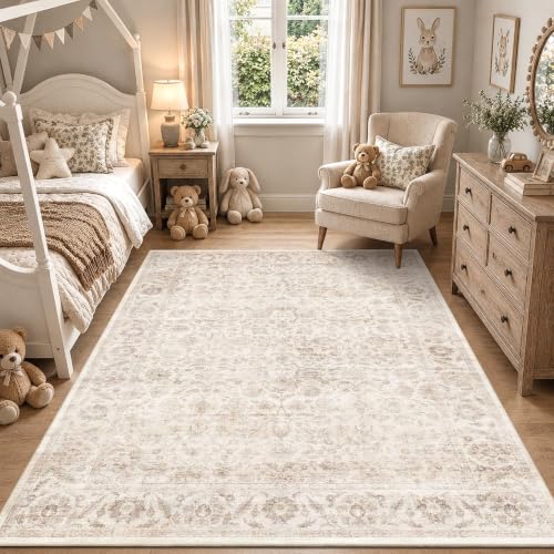 Beige 6x9 Non-Slip Vintage Bedroom Area Rug - Washable & Stain-Resistant