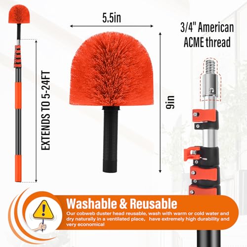 30FT Reach Cobweb Duster with Extension Pole - Spider Web Brush for Cleaning - ACTREY, 24FT