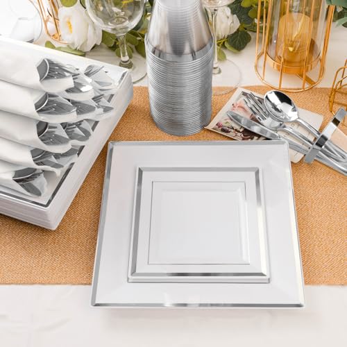 Silver Square Plastic Plates Set for 50 Guests - Elegant Disposable Dinnerware
