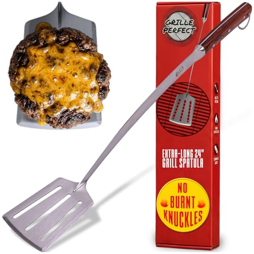 24-Inch Long-Handle Grill Spatula for BBQ & Outdoor Cooking - Heavy Duty Stainless Steel & Hardwood Handle - Curved Neck, Large Blade, Perfect for Grilling & Flipping Meat