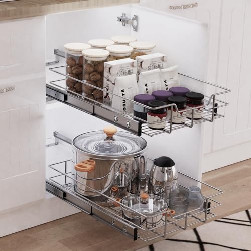 Pull Out Cabinet Organizer 11x22 Inches Chrome-Plated Full Slide Drawers - 1 Tier
