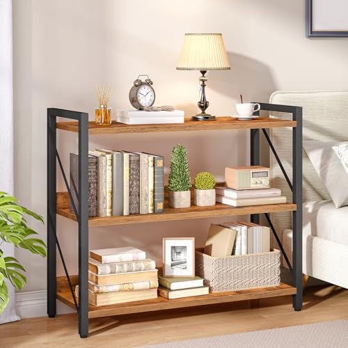 3-Tier Industrial Bookshelf with Metal Frame - Rustic Brown & Black, 32.3L x 11W x 28.5H, Home & Office Storage Organizer
