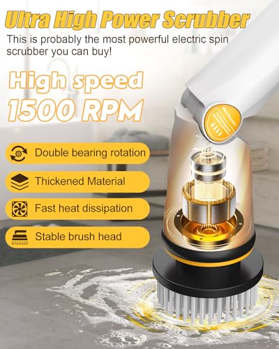 Electric Spin Scrubber with 50-Inch Handle and Smart Display - White, 1500RPM