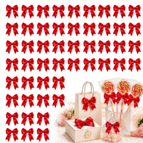 50 Pieces Red Bows Gift Wrap Mini Satin Ribbon 3.3 Inch Ornaments for
