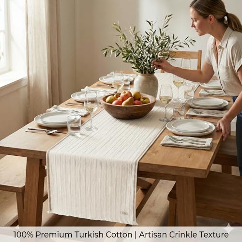 Jojomia Warm Cream Turkish Cotton Table Runner 27x70 Inch, Oeko-TEX Certified, Hemstitched, Machine Washable Dining Decor