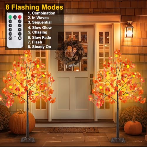 2 Pack 4ft Prelit Fall Maple Trees with Pumpkins & Acorns - Outdoor Indoor Decor