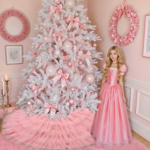 Yuboo 60 Inch Blush Pink Tulle Tree Skirt with 6 Ruffles Christmas Decor