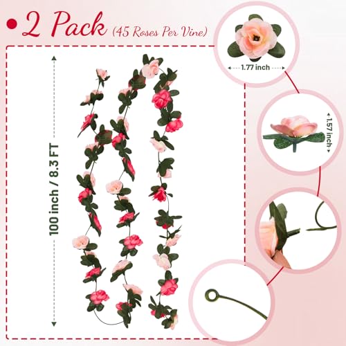 2 Pcs 16.5 Ft Flower Garland Rose Vines, Pink Rose Garland for Decoration, Flower Vine for Bed Room Table Birthday Wedding Party Garden Wall Decor