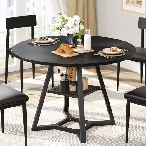 Black 47-Inch Round Dining Table for 4 with Pedestal Metal Frame Kitchen & Dining