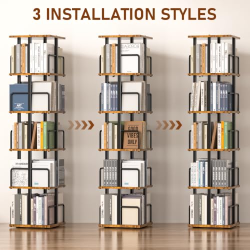 5-Tier Rotating Bookcase - Rustic Brown Corner Spinning Shelving Unit with Metal Guardrails