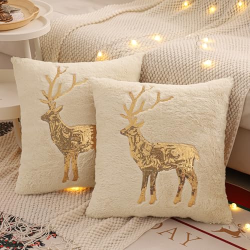 LUOYEHK 18x18 Faux Fur Christmas Pillow Covers Set of 2 Beige Deer