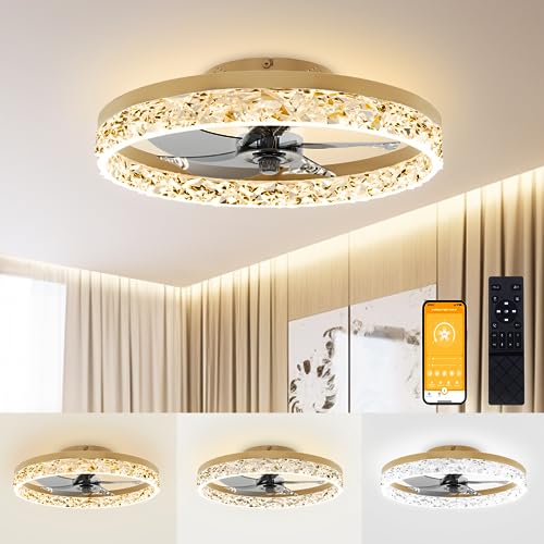 VOLISUN 19.7in Gold Flush Mount Ceiling Fan with Lights & Remote, Dimmable 3000K-6500K, Modern Quiet Fan for Bedroom & Living Room
