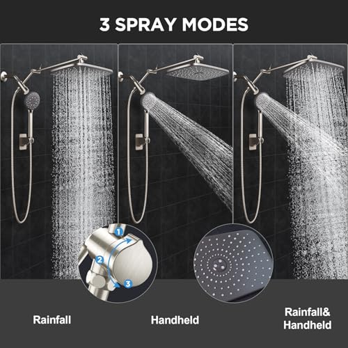 Veken 11.8-Inch Brushed Nickel Rainfall Shower Head with Handheld & Extension Arm - High Pressure