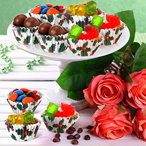 Funtery 600 Pcs Christmas Holly Cupcake Liners Mini Muffin Baking Cups