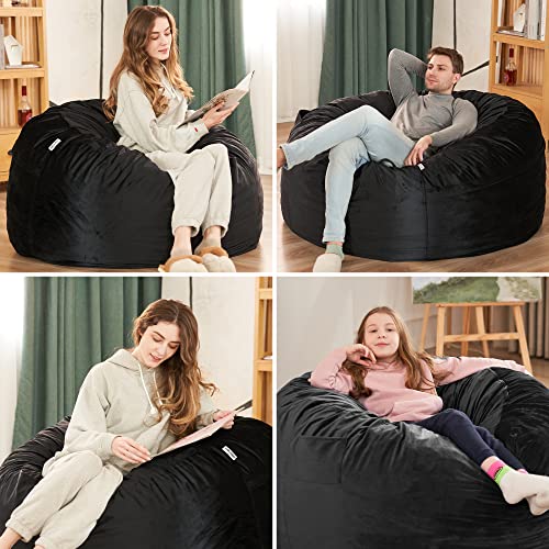 Black 3Ft Velvet Bean Bag Chair for Adults with Memory Foam Filling - Plush Lazy Sofa