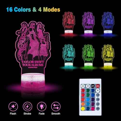 Music Girls Singer 3D Night Light 16 Colors Changing Remote Cracked Base Control Taylor Girly Figure Illusion Led Lamp for Fans/Girls/Boys/Kids/Gifts for Christmas Birthday