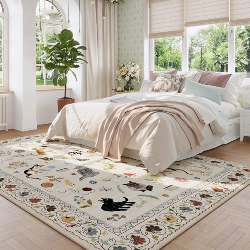 Large Washable Area Rug 8x10 Floral Animal Cat Design Non Slip Beige Variation of THIS listing