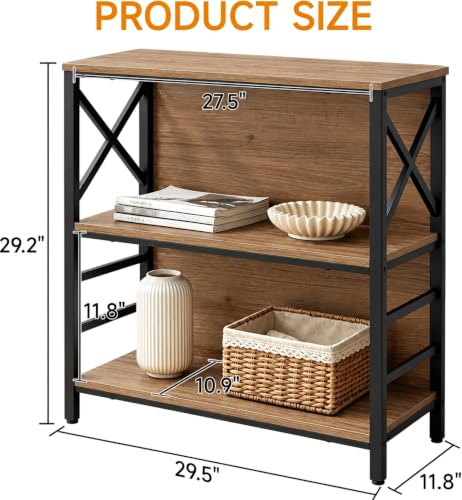 Small 3-Tier Industrial Bookcase - Brown, 29.5 Inch Wide, Metal Frame & Backboard