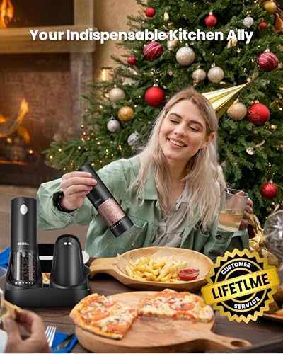 Electric Salt and Pepper Grinder Set with Rechargeable Base - Black, 6-Level Coarseness