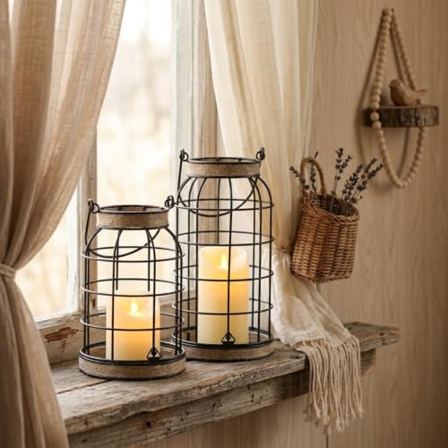 MATAHUM Rustic Farmhouse Candle Lantern Set - 2Pcs with Flameless Candles, Boho Decor