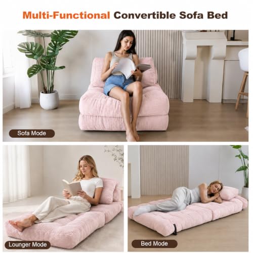 Pink Folding Sofa Bed - King Oasis Corduroy Chair Bed with Pillows, 3-in-1 Convertible Floor Couch