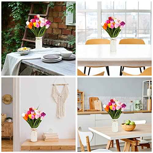 27pcs Colorful Artificial Flowers Tulips, Tulips with 1pc Plastic Vase, Fake Flowers Real Touch Flower 13.9", Christmas, Mother's Day, Easter, Valentine's Day, Family Kitchen, Wedding Decorations