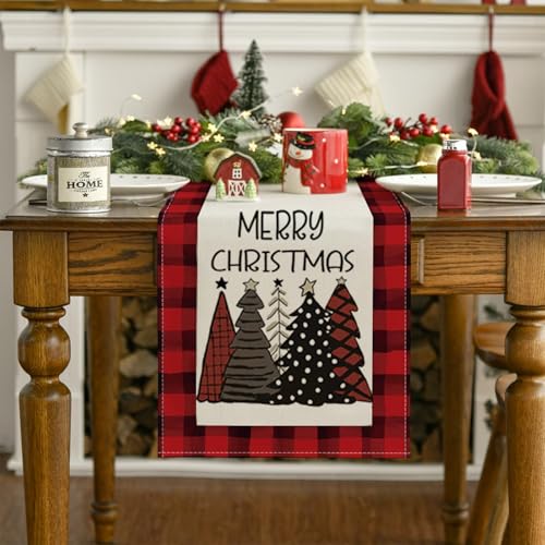 Niviy 13 x 72 Inch Christmas Table Runner Burlap Linen with Buffalo Plaid Trees